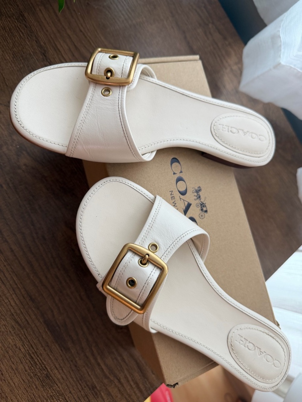 COACH Cream Leather Slide Sandals with Gold Buckle - Picture 3 of 4